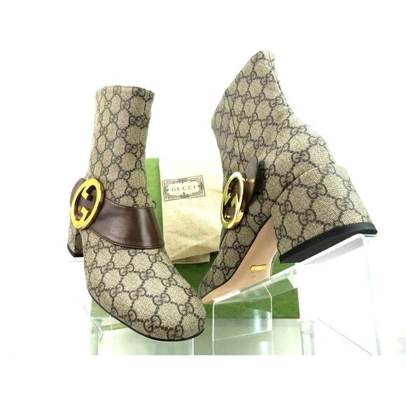 GUCCI 70170 SUPREME LEATHER BELT GG METAL LOGO MONOGRAM BEIGE SHORT ZIP BOOTS 41 - Picture 5 of 13